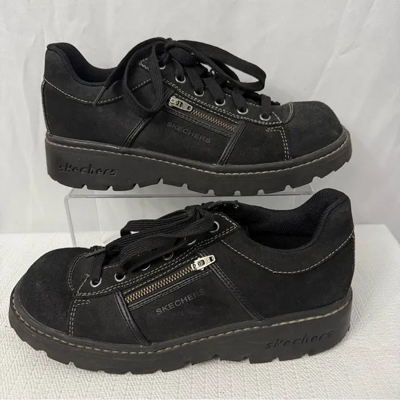 Skechers Jammers Chunky Y2K Black Leather Shoes Womens Size 10