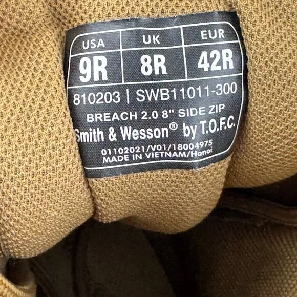 Smith &amp; Wesson Boots Men's Size 9 R Breach 2.0 8&quot; Side-Zip Boots Tactical Tan