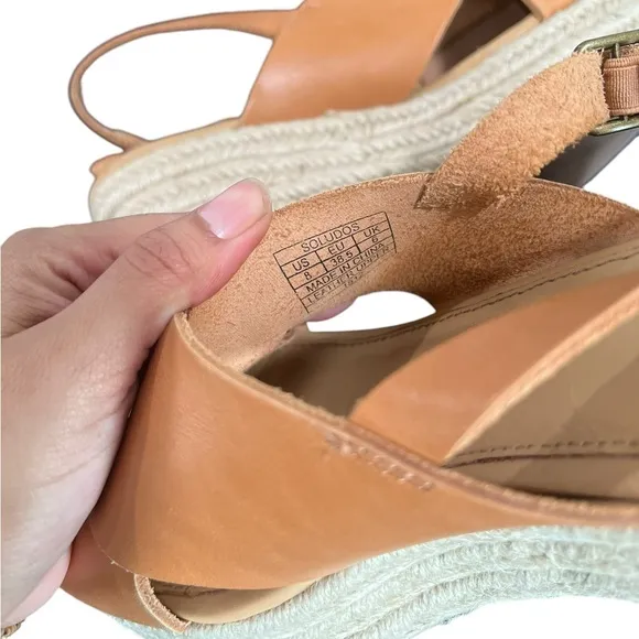 SOLUDOS x Anthropologie Almafi Tan Leather Espadrilles Open Toe Wedges Sandals