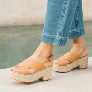 SOLUDOS x Anthropologie Almafi Tan Leather Espadrilles Open Toe Wedges Sandals