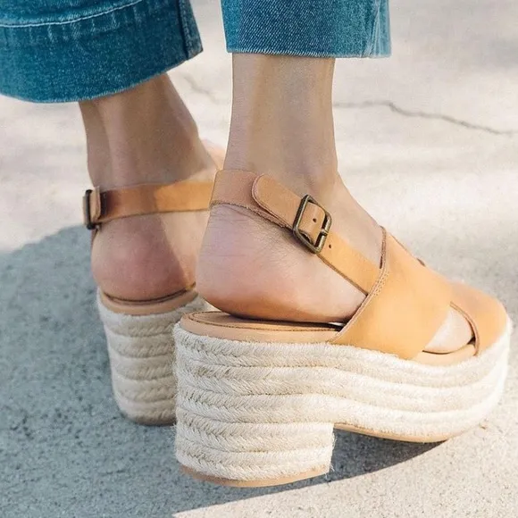 SOLUDOS x Anthropologie Almafi Tan Leather Espadrilles Open Toe Wedges Sandals