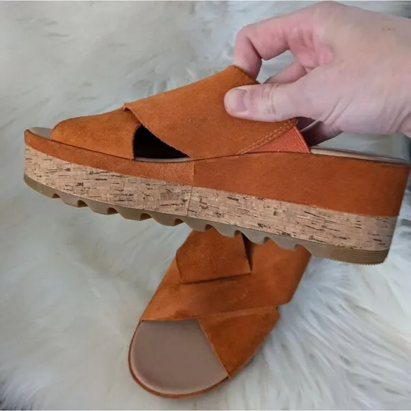 Sorel Cameron flatform platform mule sandals orange “desert sun” cork leather 8