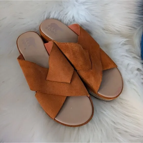 Sorel Cameron flatform platform mule sandals orange “desert sun” cork leather 8