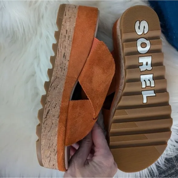 Sorel Cameron flatform platform mule sandals orange “desert sun” cork leather 8