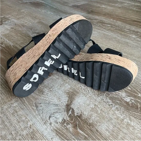 Sorel Cameron Flatform Slingback Black Cork Sole Sandal Wedge Shoes Size 8.5