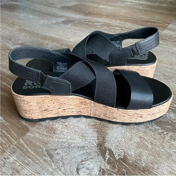 Sorel Cameron Flatform Slingback Black Cork Sole Sandal Wedge Shoes Size 8.5