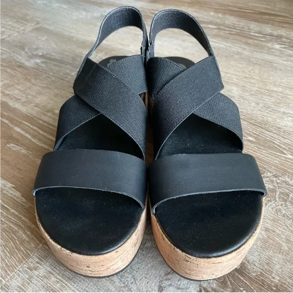 Sorel Cameron Flatform Slingback Black Cork Sole Sandal Wedge Shoes Size 8.5