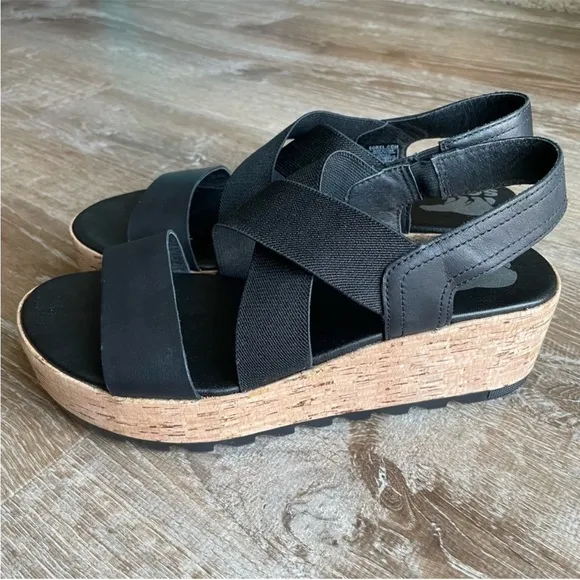 Sorel Cameron Flatform Slingback Black Cork Sole Sandal Wedge Shoes Size 8.5