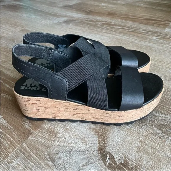Sorel Cameron Flatform Slingback Black Cork Sole Sandal Wedge Shoes Size 8.5