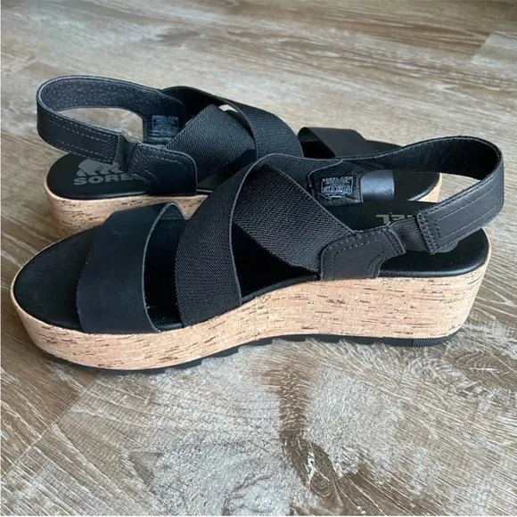 Sorel Cameron Flatform Slingback Black Cork Sole Sandal Wedge Shoes Size 8.5