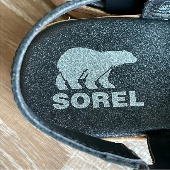 Sorel Cameron Flatform Slingback Black Cork Sole Sandal Wedge Shoes Size 8.5