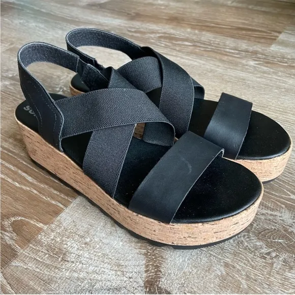 Sorel Cameron Flatform Slingback Black Cork Sole Sandal Wedge Shoes Size 8.5