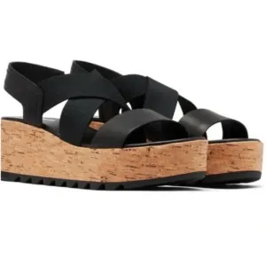 Sorel Cameron Flatform Slingback Black Cork Sole Sandal Wedge Shoes Size 8.5