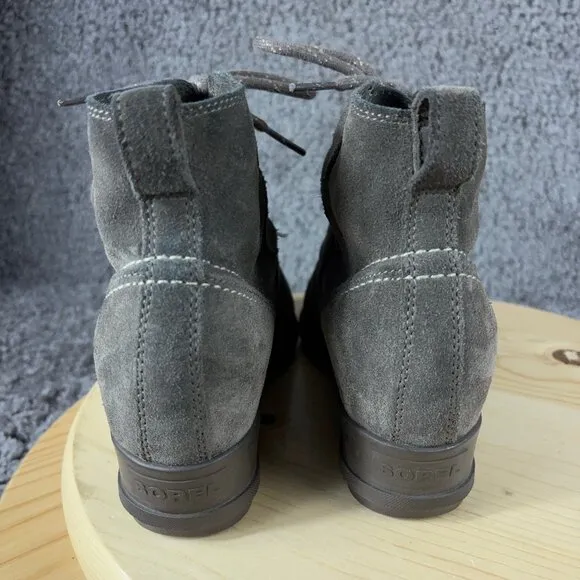 Sorel Evie Hidden Wedge Boots Womens Size 7.5 Suede Gray Lace Up Ankle Booties
