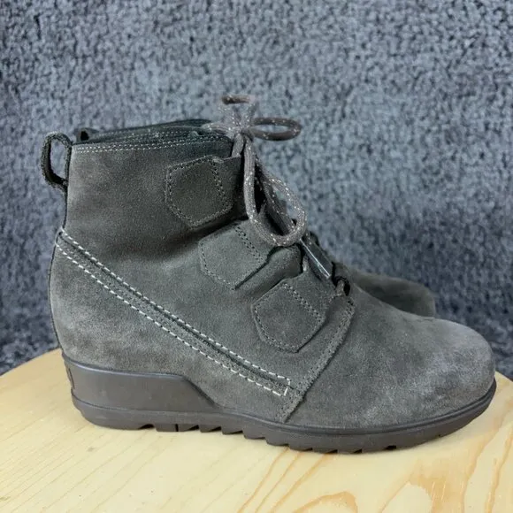 Sorel Evie Hidden Wedge Boots Womens Size 7.5 Suede Gray Lace Up Ankle Booties