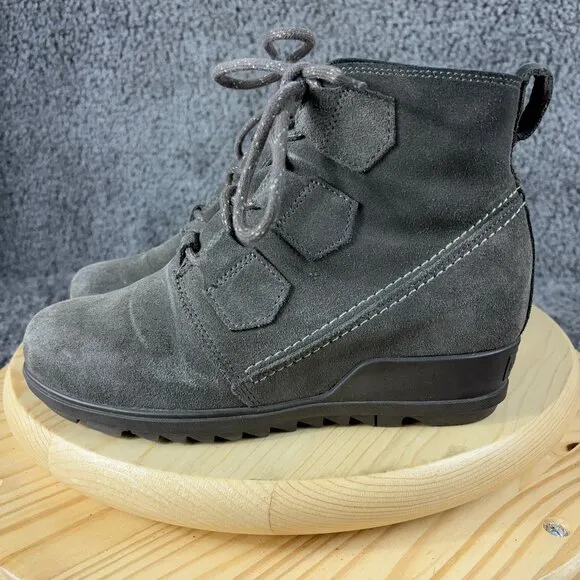 Sorel Evie Hidden Wedge Boots Womens Size 7.5 Suede Gray Lace Up Ankle Booties