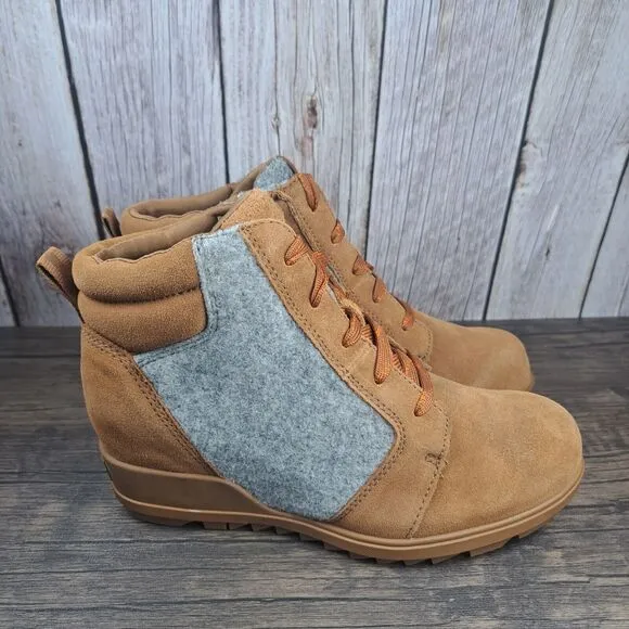 Sorel Evie Lace Up Wedge Leather Ankle Suede Bootie Women's Sz 8 Brown (VGC)