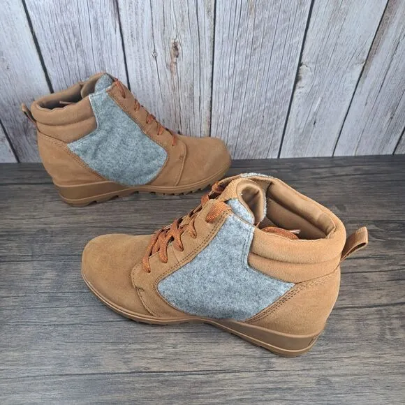 Sorel Evie Lace Up Wedge Leather Ankle Suede Bootie Women's Sz 8 Brown (VGC)