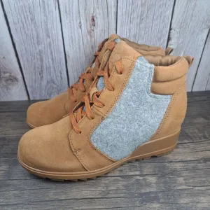 Sorel Evie Lace Up Wedge Leather Ankle Suede Bootie Women's Sz 8 Brown (VGC)