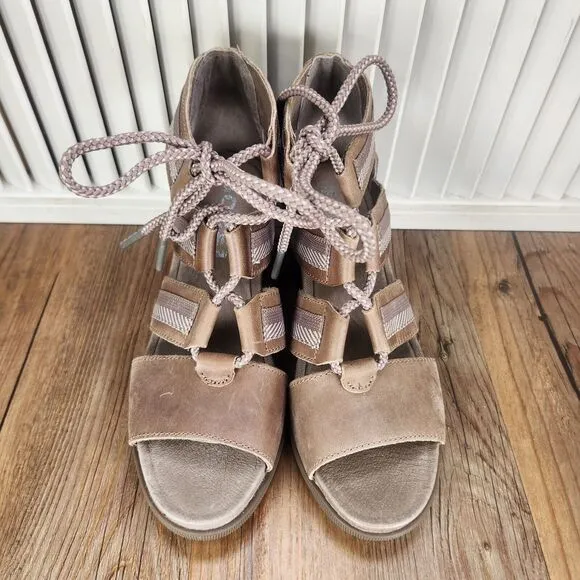 Sorel Joanie II Lace Wedge Sandals Womens Sz 6.5 Ash Brown Gladiator NL3272-240