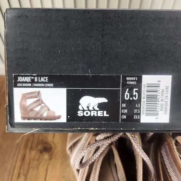 Sorel Joanie II Lace Wedge Sandals Womens Sz 6.5 Ash Brown Gladiator NL3272-240