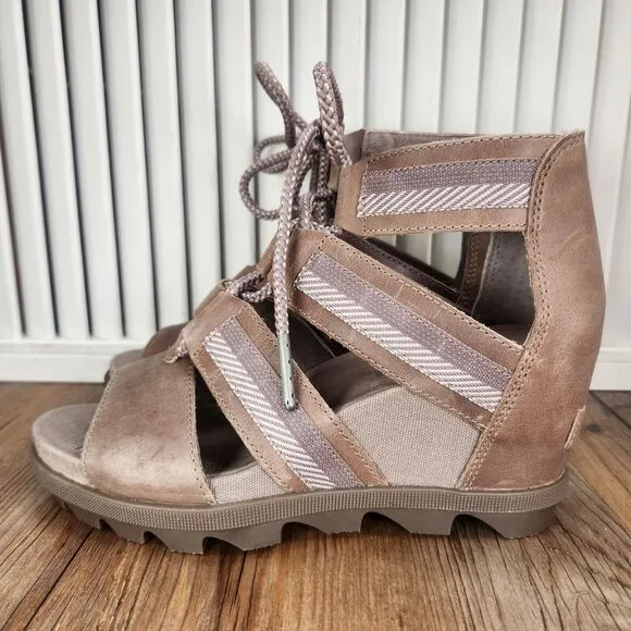 Sorel Joanie II Lace Wedge Sandals Womens Sz 6.5 Ash Brown Gladiator NL3272-240