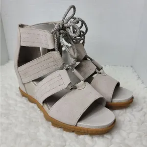 Sorel Joanie II Womens Wedge Sandals Size 10.5 Lace Up Beige Gladiator Shoes
