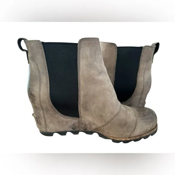 Sorel Lea Wedge Tan Leather Ankle Booties Boots Size 8.5 Heel