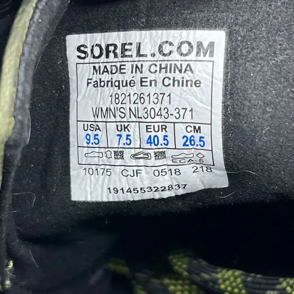 Sorel Lexie Boots Womens Size 9.5 Black Green Camo Hidden Wedge Hiker Lace Up