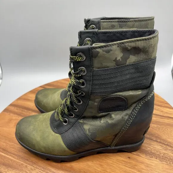 Sorel Lexie Boots Womens Size 9.5 Black Green Camo Hidden Wedge Hiker Lace Up