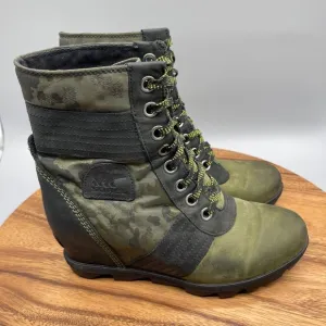 Sorel Lexie Boots Womens Size 9.5 Black Green Camo Hidden Wedge Hiker Lace Up