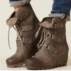 Sorel Women Joan of Arctic Lexie Leather Lace Up Hidden Wedge shoes boot sz 6