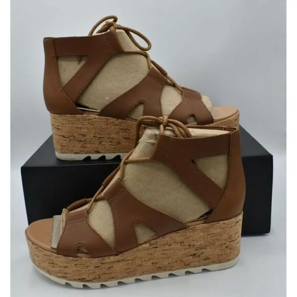 Sorel Women Size 9 Cameron Flatform Leather Lace Up Wedge Platform Sandals