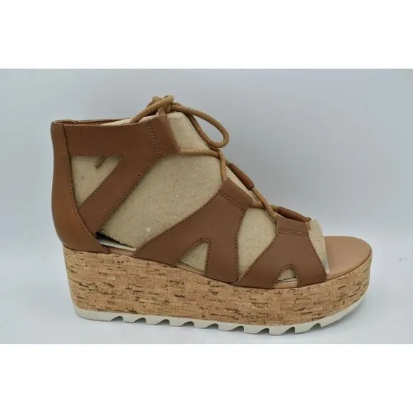 Sorel Women Size 9 Cameron Flatform Leather Lace Up Wedge Platform Sandals