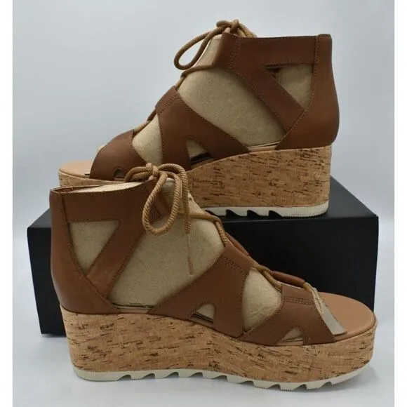 Sorel Women Size 9 Cameron Flatform Leather Lace Up Wedge Platform Sandals