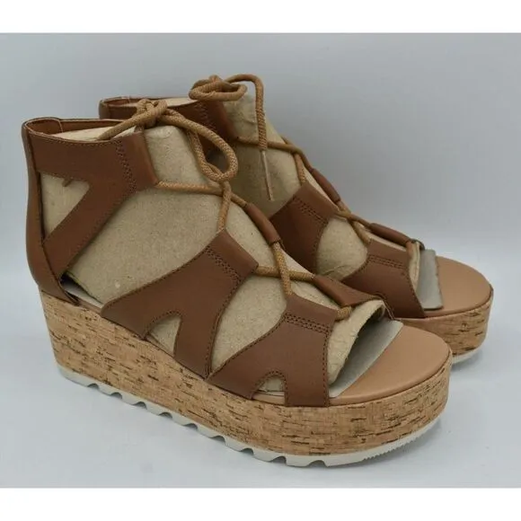 Sorel Women Size 9 Cameron Flatform Leather Lace Up Wedge Platform Sandals