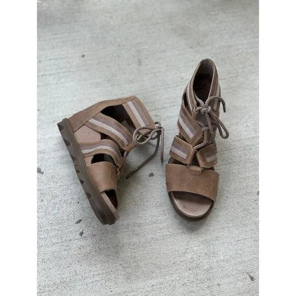 Sorel Women’s Joanie II Lace Up Wedge Ash Brown Leather Shoes Size 8.5 MSRP $150