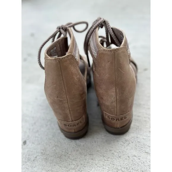 Sorel Women’s Joanie II Lace Up Wedge Ash Brown Leather Shoes Size 8.5 MSRP $150
