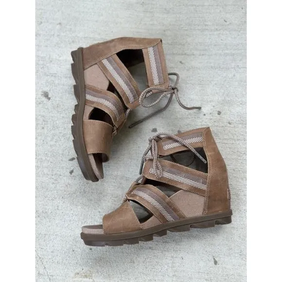 Sorel Women’s Joanie II Lace Up Wedge Ash Brown Leather Shoes Size 8.5 MSRP $150