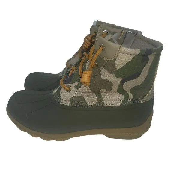 Sperry Saltwater Duck Boots Size 7.5 Olive Camo Wool Blend Upper