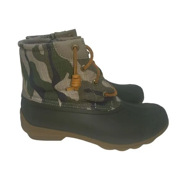 Sperry Saltwater Duck Boots Size 7.5 Olive Camo Wool Blend Upper