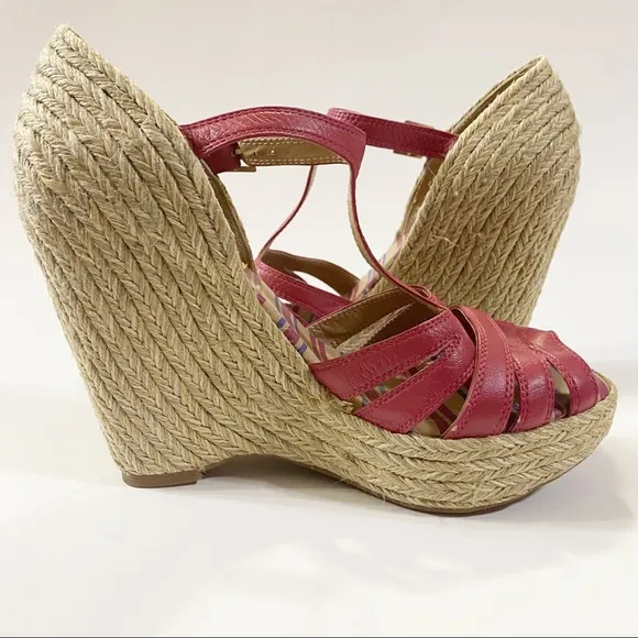 SPLENDID Wedge Sandal Platform Rattan Heels Soft Red Leather Straps Size 7.5