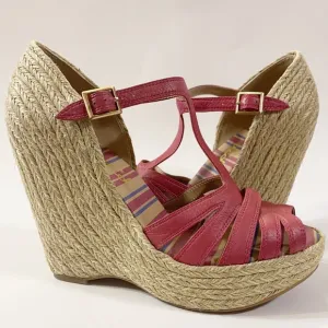 SPLENDID Wedge Sandal Platform Rattan Heels Soft Red Leather Straps Size 7.5