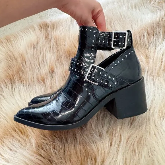 Steve Madden Andy Croc Embossed Studded Buckle Ankle Boots Black Size 8
