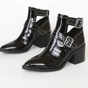 Steve Madden Andy Croc Embossed Studded Buckle Ankle Boots Black Size 8