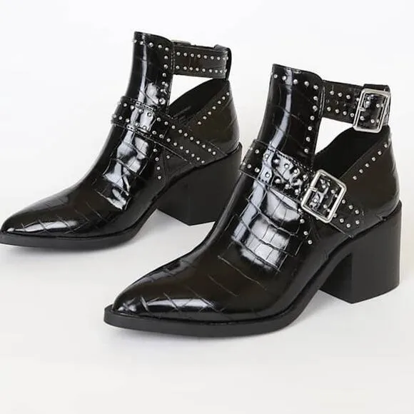 Steve Madden Andy Croc Embossed Studded Buckle Ankle Boots Black Size 8
