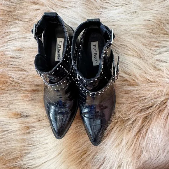 Steve Madden Andy Croc Embossed Studded Buckle Ankle Boots Black Size 8