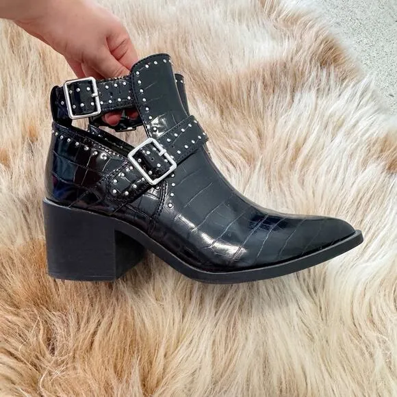 Steve Madden Andy Croc Embossed Studded Buckle Ankle Boots Black Size 8