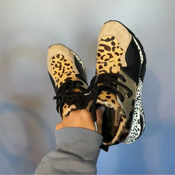 Steve Madden Cliff maximal Cowhair leopard print  Leather Sneaker Shoes Size 7.5