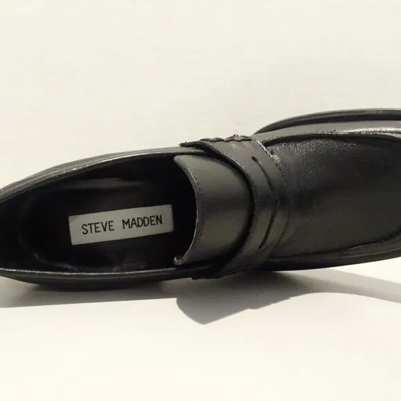 Steve Madden Marvel Penny Loafer 6B Black Leather Block Heel Chunky Y2K Square